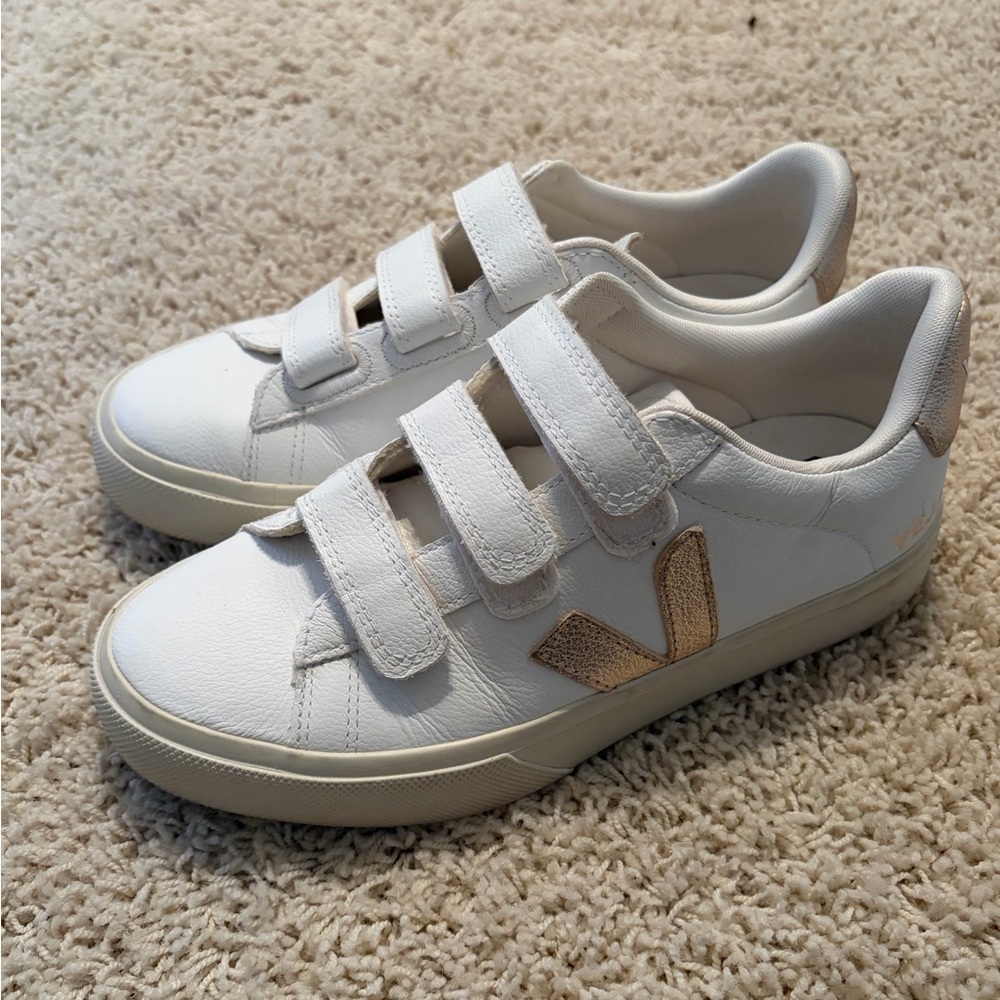 White Veja Velcro Sneakers with Gold Accent